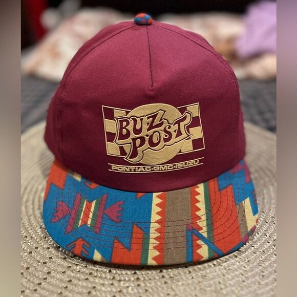 Vintage "trucker hat" snapback Buz Post Pontiac GMC Isuzu" burgundy Aztec-style - Picture 1 of 11